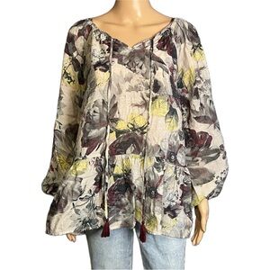Mystree Floral Boho Puff Sleeve Rayon Blouse Size Small Medium